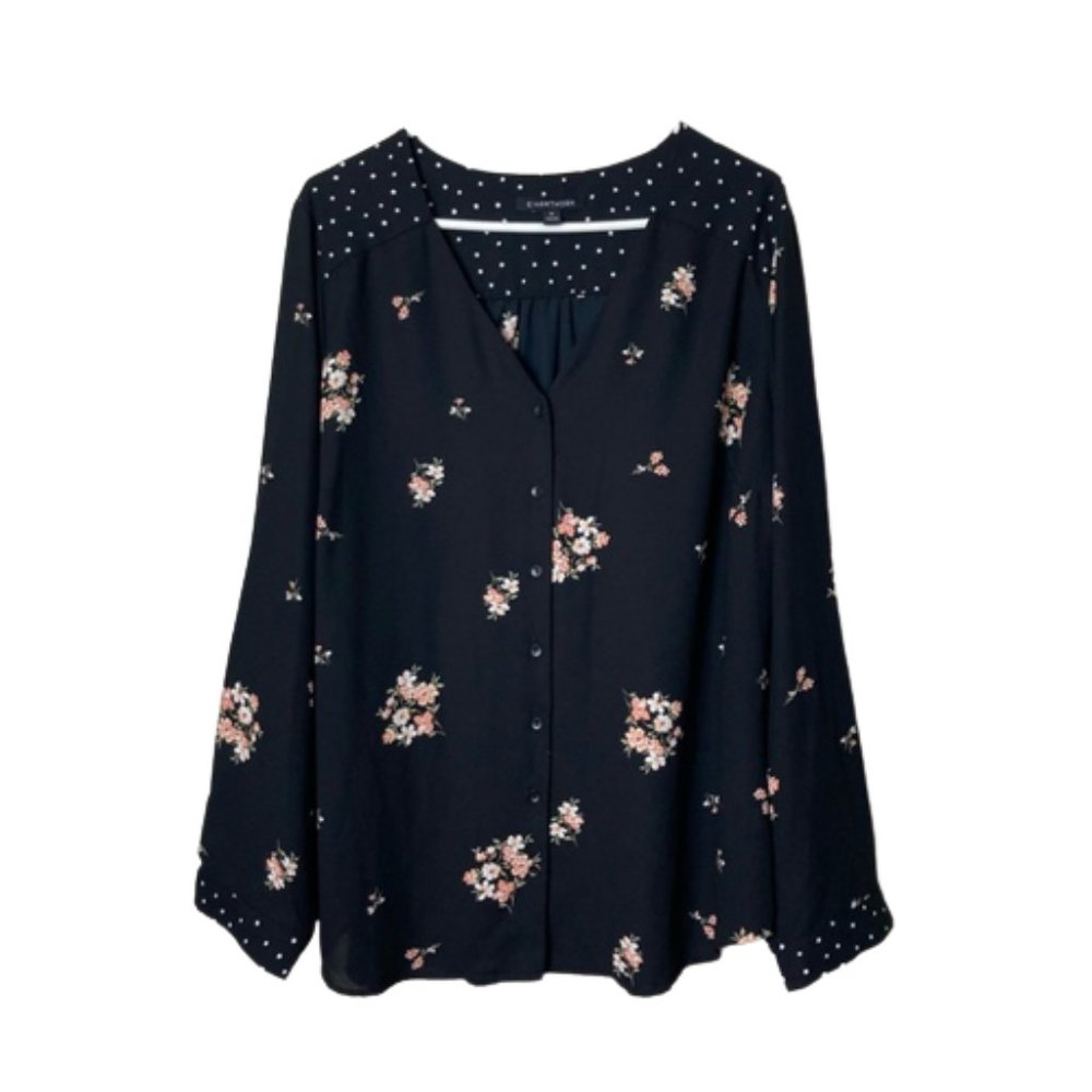 41 Hawthorn black floral polka dot long sleeve blouse women's 2X